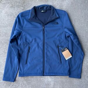 The north face chest logo ridge wall soft shell jacket blue coat NWT SM